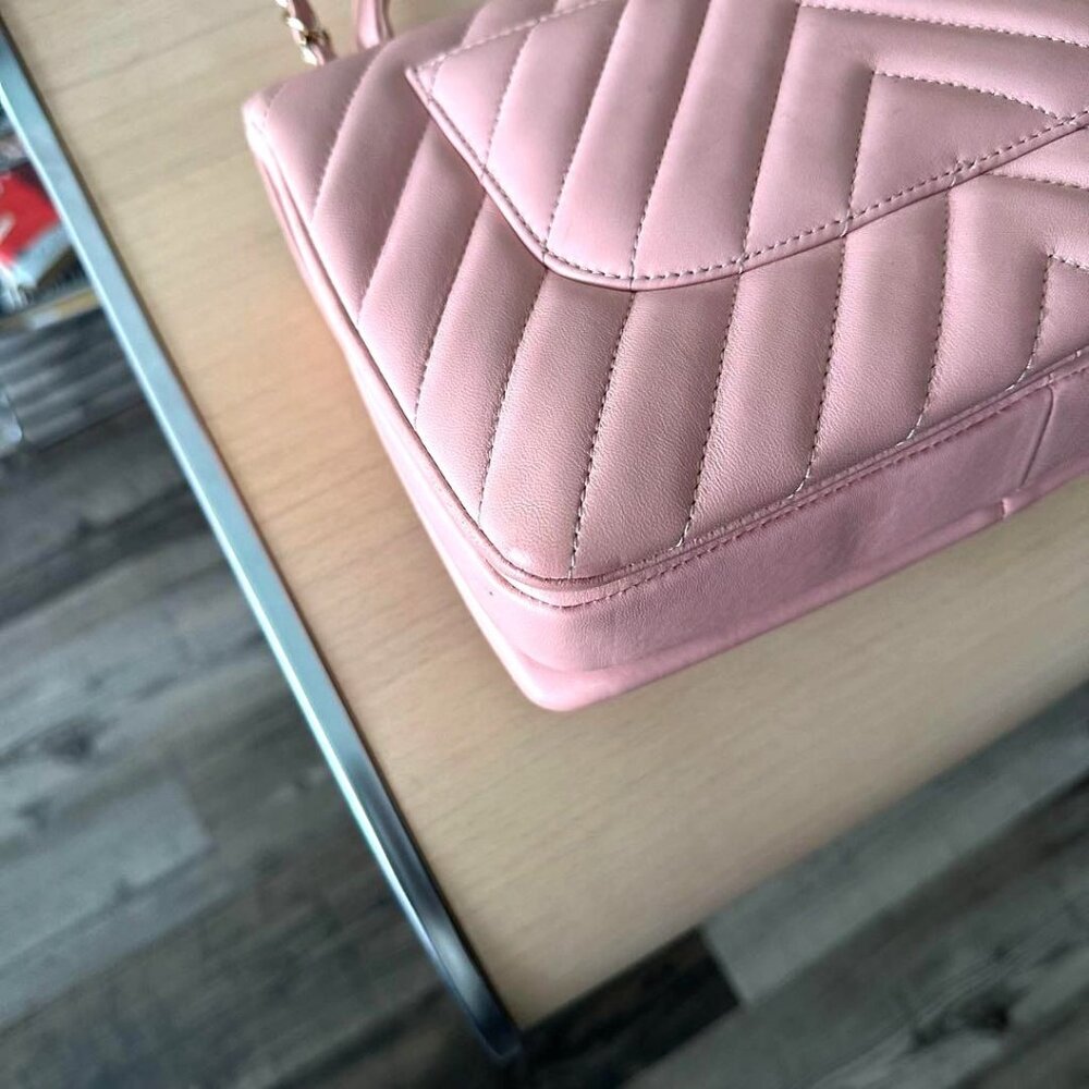 Authentic CHANEL Trendy Chevron Lambskin Quilted Dual Handle Flap Bag Pink Tote - Picture 12 of 12